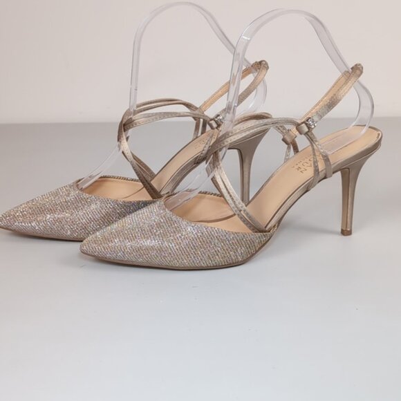 Badgley Mischka American Glamour Dixie Strappy Heels Metallic Champagne Gold - Picture 5 of 11